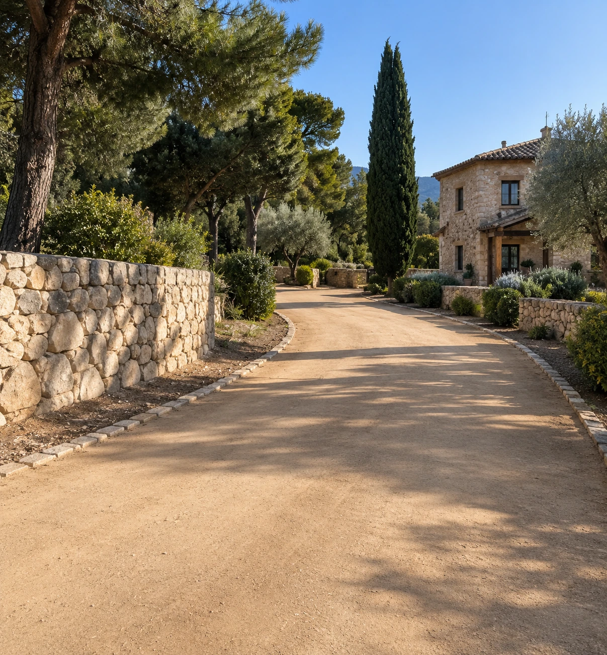 Acceso pavimento terrizo en finca residencial con muro de piedra — uso residencial y fincas privadas